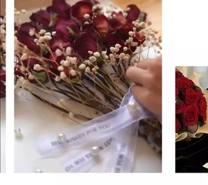 Detail of red rose bouquet with Best Wishes ribbon and pearls for DIY shadow box frames