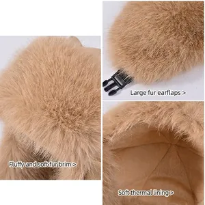Winter thermal earflap hat with plush lining and buckle design in khaki faux fur