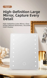 Detail of white desktop makeup mirror with 16 LED bulbs and touch sensor control