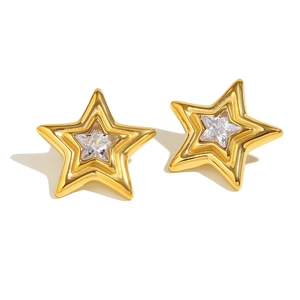 18K gold-plated stainless steel star stud earrings with sparkling cubic zirconia stones