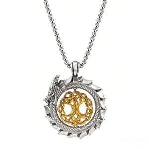 Ouroboros dragon pendant necklace with golden tree of life and silver scales on metal chain