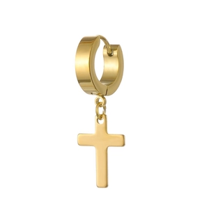 Minimalist gold-plated stainless steel hoop earring featuring a polished cross pendant charm