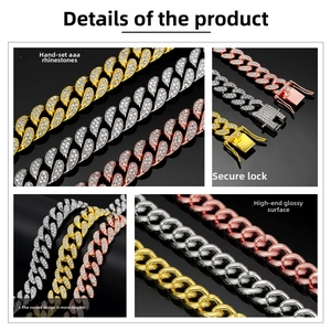 Detail of 13mm Cuban link chain showing AAA rhinestones and secure clasp design