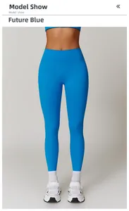 Model showing high waist yoga leggings in Future Blue with quick-dry stretch fabric