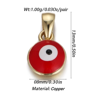 Detail view of red evil eye pendant with copper dimensions 13mm height and 1g weight