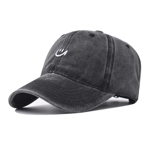 Retro Water Washed Cotton Baseball Cap Distressed Smiley Face Embroidered Casual Sun Protection Adjustable Hat For Men Women
