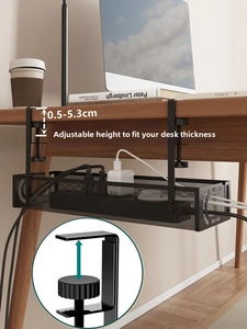 Adjustable black metal mesh under-desk cable management tray for 0.5-5.3cm thick tables