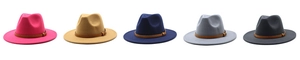 Row of wide-brimmed wool fedora hats in five colors with braided leather bands