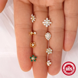 Assorted S925 sterling silver geometric stud earrings with colorful zircon on palm
