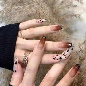 Press On Nails Cow Print Pattern Brown Gradient French Long Coffin Shape Artificial False Nails For Women