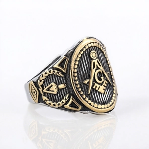 Vintage silver and gold Freemasonry stainless steel ring with G logo and compass sign