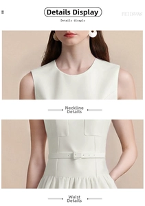 Detail of round neckline and adjustable buckled waist belt on white sleeveless dress