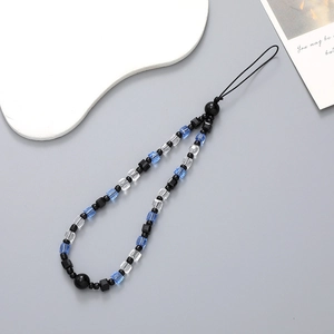 Crystal cube beaded phone strap with black round beads and blue bow decoration for wrist