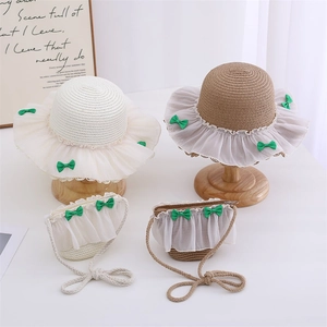 Kids straw hat and matching purse set with white lace trim and green bow accents