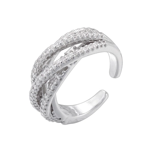 Macro shot of silver criss-cross ring with micro-paved white crystals and adjustable band