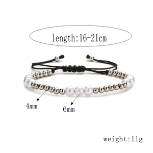 Detailed view of adjustable beaded bracelet with 6mm pearls and silver metal beads