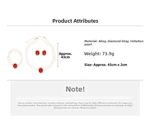Detailed set of double-layer pearl necklace, bracelet and earrings with red gemstones