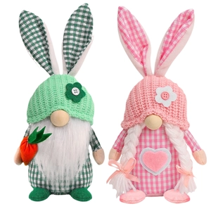 Easter faceless gnomes with plaid bunny ears holding a carrot and heart for home decor