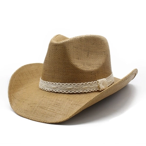 Western style straw cowboy sun hat with wide brim and white lace trim detail