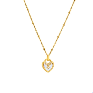 Gold heart pendant necklace with mother of pearl inlay and sparkling zircon accents