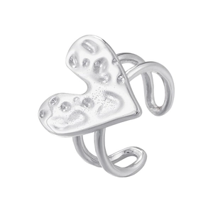 Detail of silver heart ring with unique hammered texture and adjustable double-line band