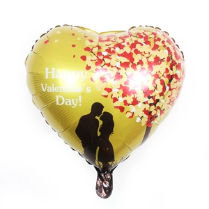 Palloncino a cuore dorato con silhouette di coppia e testo Happy Valentine's Day