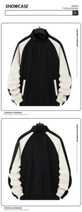 Vorder- und Rückansicht einer schwarz-beigen Color-Block-Jacke mit Stehkragen und Reißverschluss
