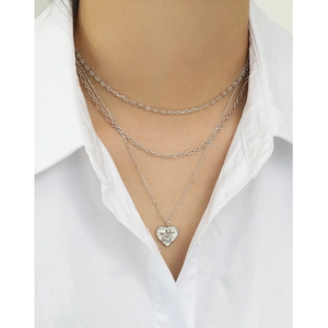 Three-layer S925 sterling silver necklace featuring an angel heart relief pendant on a model