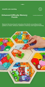 Detailed view of child hands assembling hexagon wooden animal and vehicle puzzles