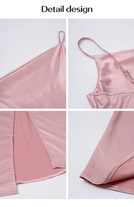 Vues détaillées d'une robe en satin rose avec bretelles réglables et fente latérale