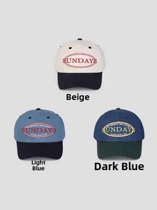 Three color variants of retro American baseball caps with detailed SUNDAYS embroidery