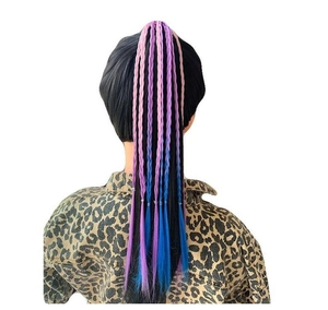 Girl wearing long gradient colorful braided ponytail hair extensions with leopard top