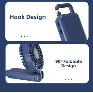 Blue foldable USB fan featuring 90-degree adjustment and portable mountaineering buckle