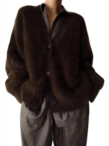 Deep brown faux mink cardigan in loose fit with plush texture and long sleeves