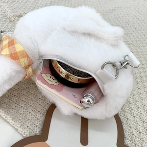 Cute white plush goose crossbody bag with soft faux fur and adjustable strap for girls