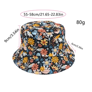 Floral bucket hat size guide with dimensions: 55-58cm head girth and 9cm height