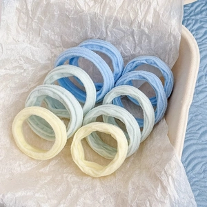 Detail of high-elastic macaron blue hair ties in a ribbed knit texture set of 10