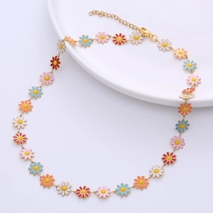 Bohemian style 18k gold plated stainless steel colorful enamel sunflower necklace for women