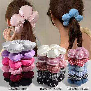 Oversized Flower Scrunchies 3D Padded Hair Ties Satin Fabric Floral Elegant French Style For Women Girls