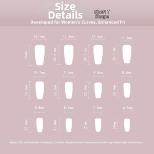 Detailed size guide for 24pcs Short T-shape press-on nails with 12 specific measurements