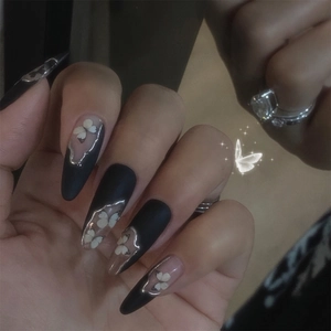 Butterfly Press On Nails Almond Long Matte Black White Artificial False Nails With 3D Silver Edge For Women