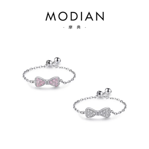 Adjustable 925 sterling silver bow knot chain rings with pink and white cubic zirconia