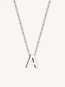 Close-up of polished silver tone necklace featuring a minimalist capital letter A pendant