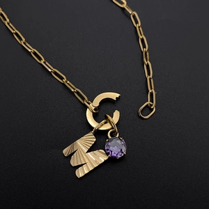 Gold titanium steel paperclip necklace with letter M and purple gemstone pendants