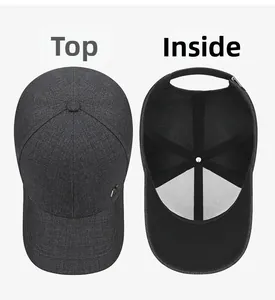 Detail view of dark grey baseball cap showing top structure and black inner sweatband