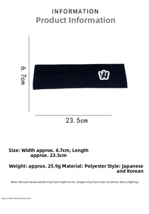Detailed size specifications of the black elastic sports headband with W embroidery