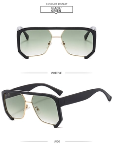 Détail de lunettes de soleil carrées oversize avec monture noire et verres dégradés verts