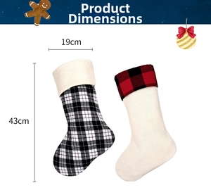 Detailed dimensions of 43cm tall black and red plaid Christmas stockings for gifts