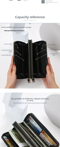 Detail of multi-functional black leather wallet with double zippers and organized compartments