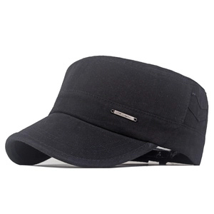 Detail view of black cotton flat top army cap with silver metal rectangle side logo